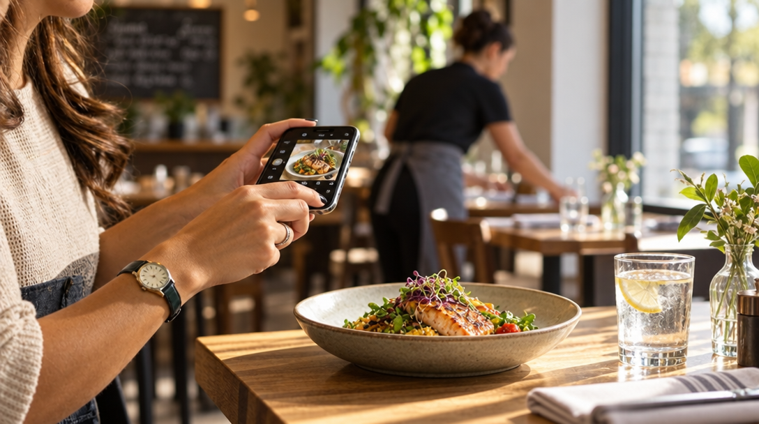 Un restaurateur photographie un plat pendant la préparation de la salle.