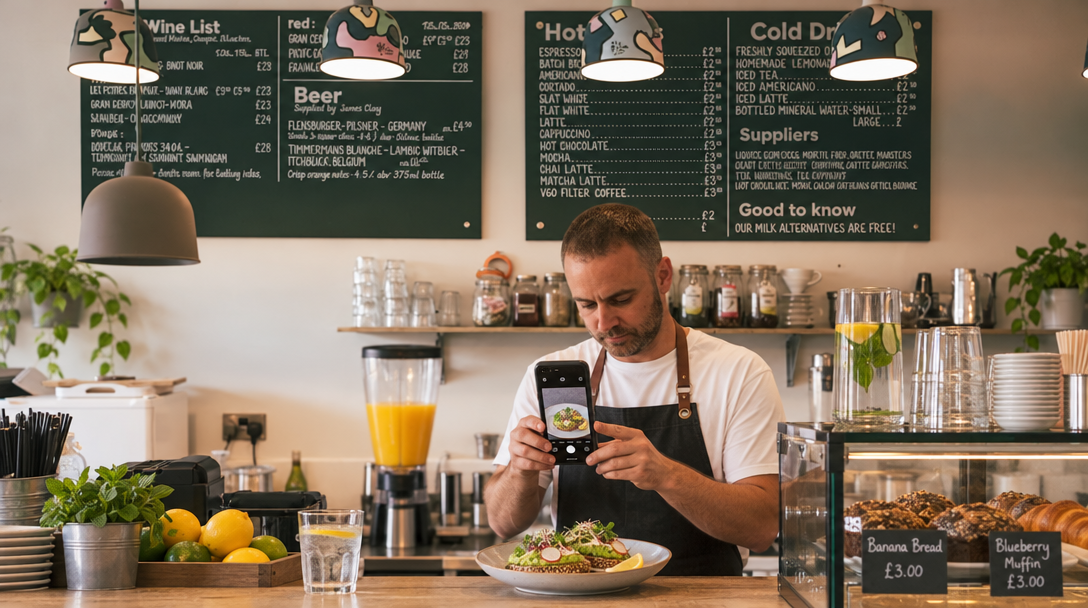 Un restaurateur publie la photo d’un plat depuis son comptoir.