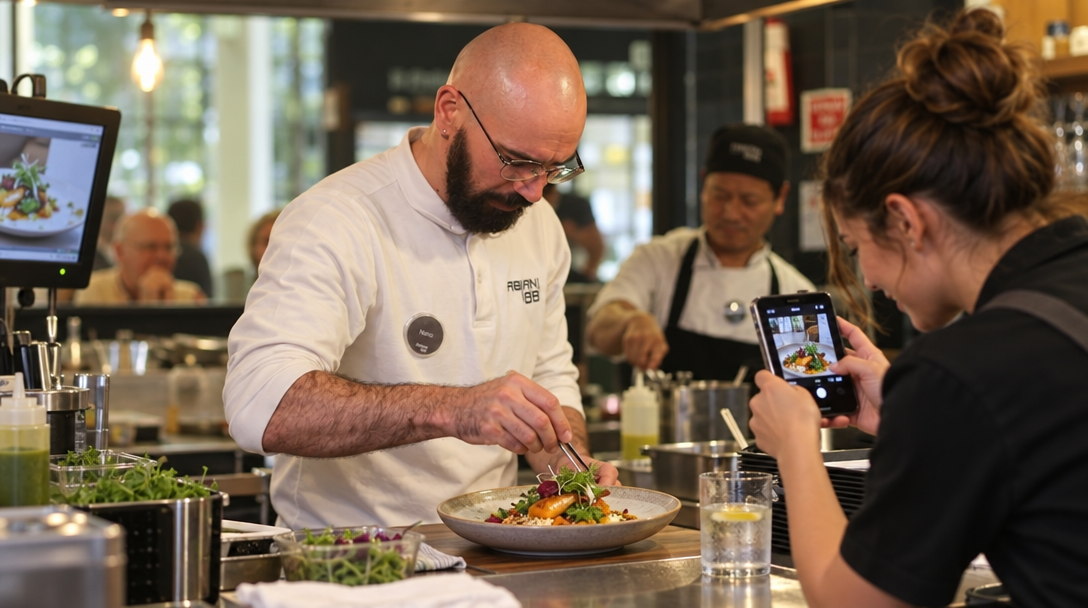 Un serveur photographie le dressage d’un plat en cuisine.