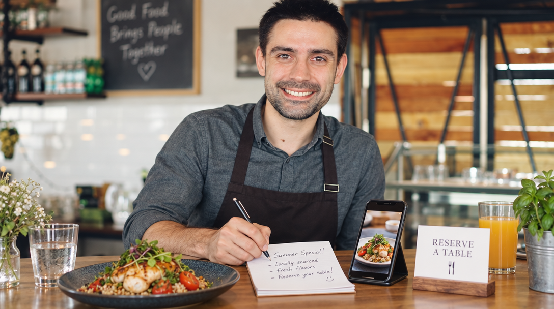 Un responsable prépare un message autour d’un plat à réserver.