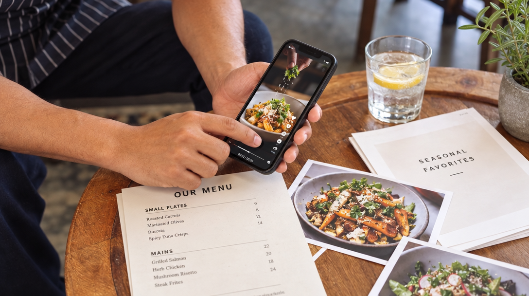 Un restaurateur valide une courte vidéo de plat sur son téléphone.