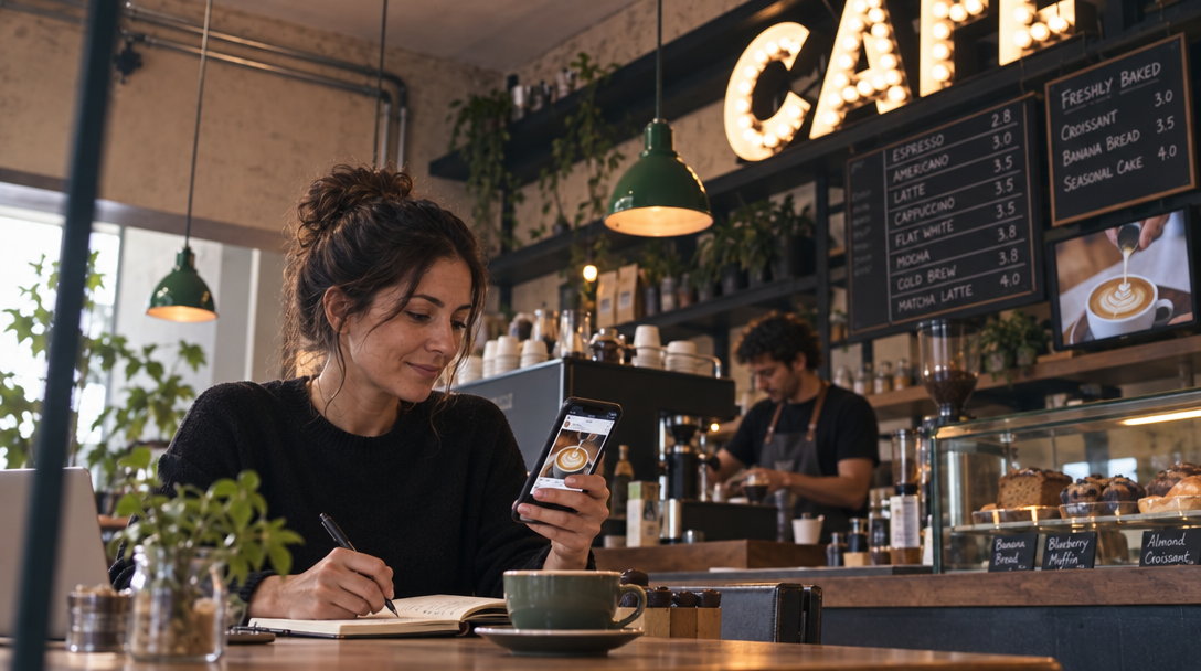 Cafe owner plans social media with phone showing a latte.