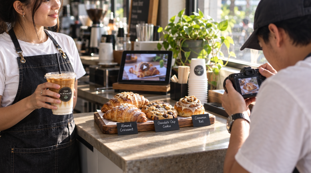 Barista holds a drink as a coworker photographs pastries.