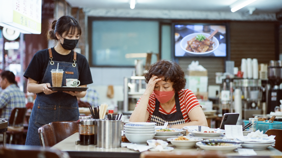 Cafe owner looks overwhelmed by many dishes and phone.