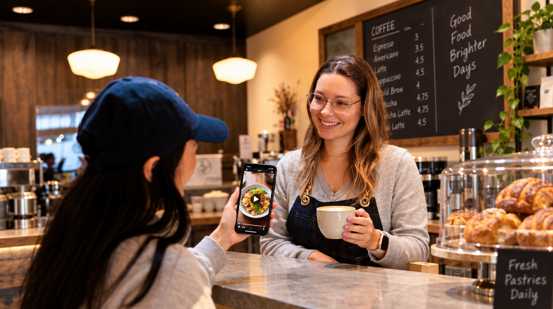Customer shows food video on phone to cafe owner.