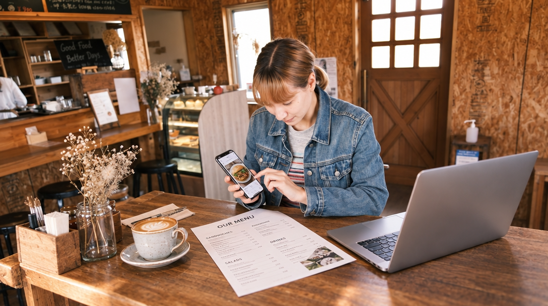 Cafe owner reviews menu and food photos on phone.