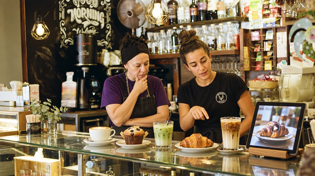 Cafe owner and barista select drinks and pastries to feature.