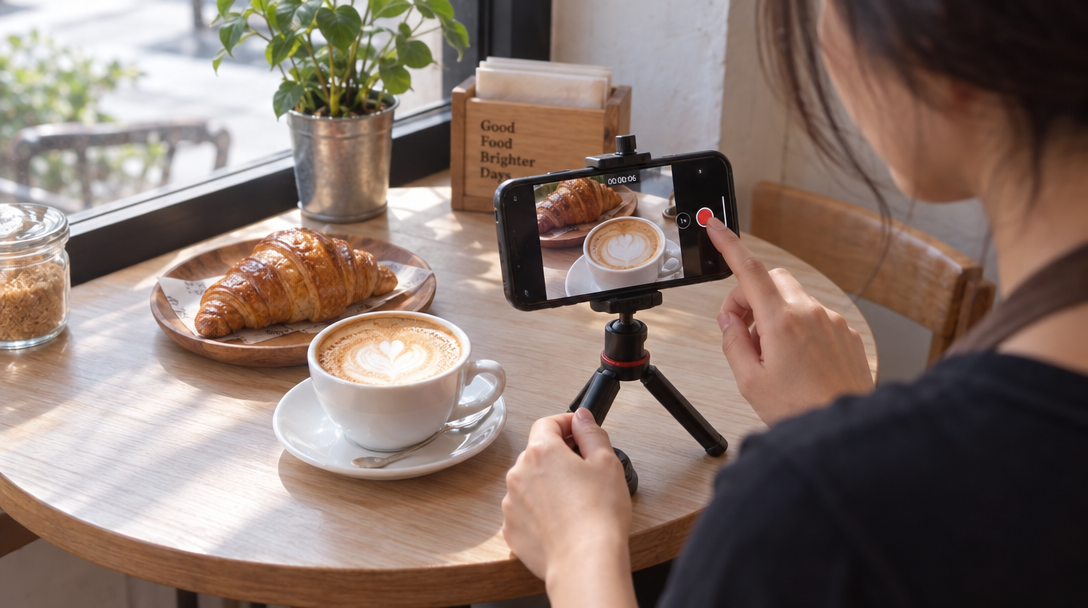Staff member films latte and croissant with phone tripod.