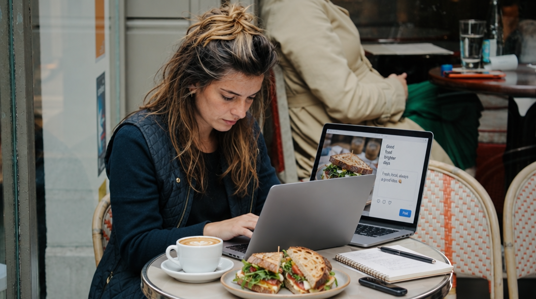Cafe owner writes a caption with food photo on laptop.