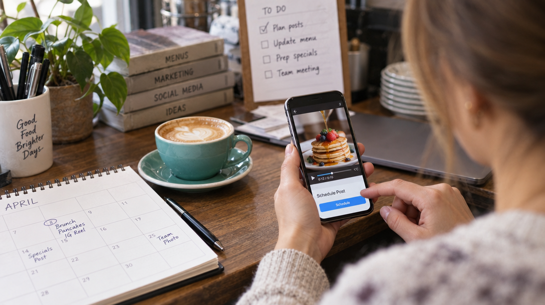 Cafe manager schedules posts with phone showing food video.