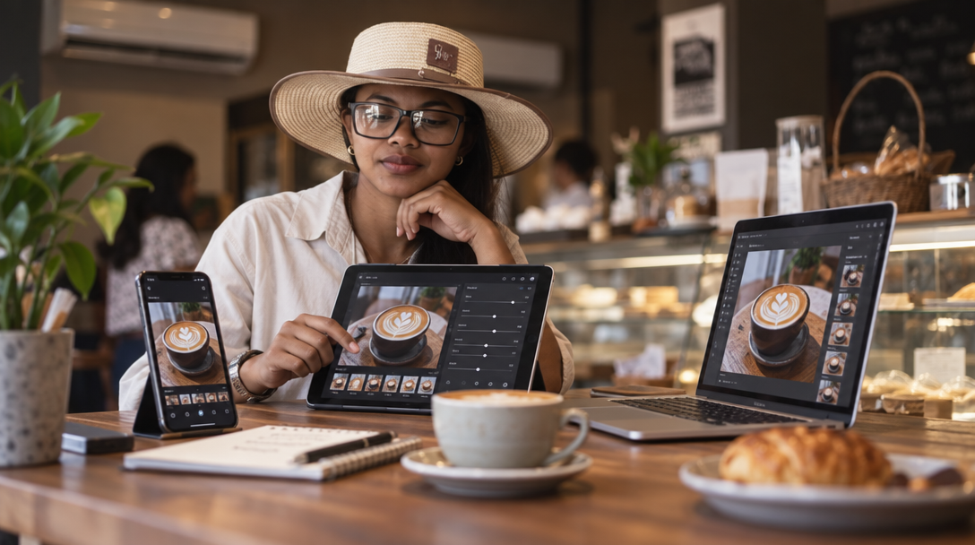 Cafe owner edits the same latte photo on multiple devices.