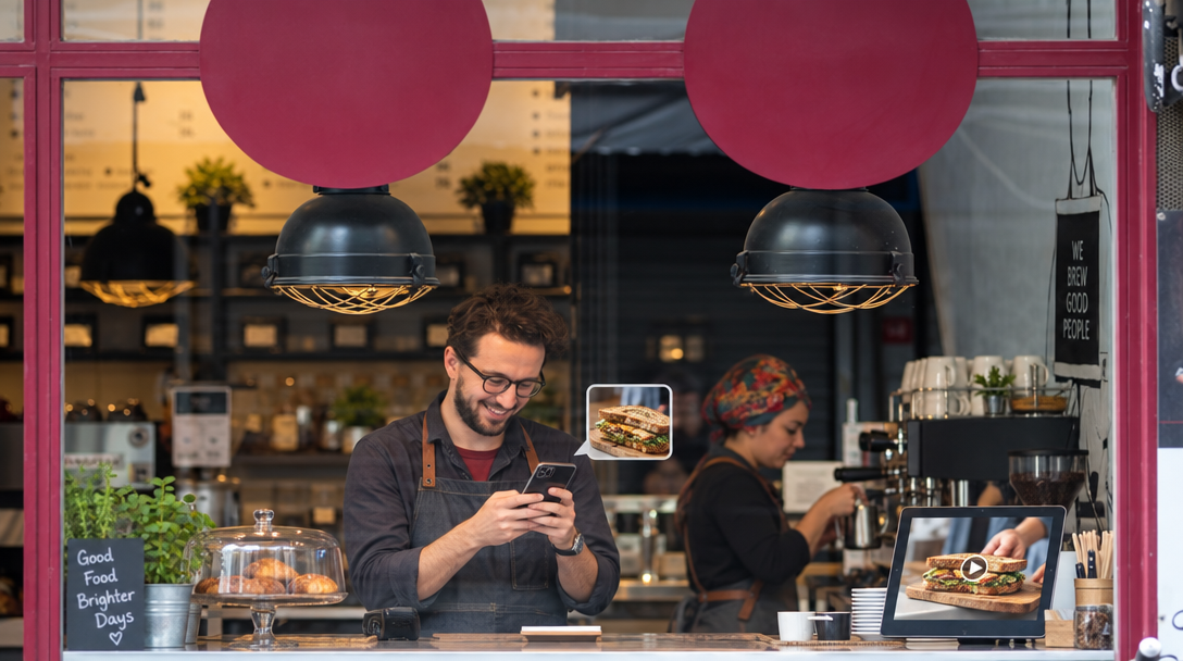 Cafe owner replies on phone showing a sandwich photo.