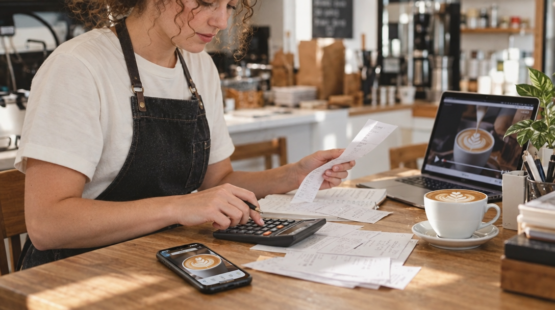 Cafe owner checks costs with calculator and phone.