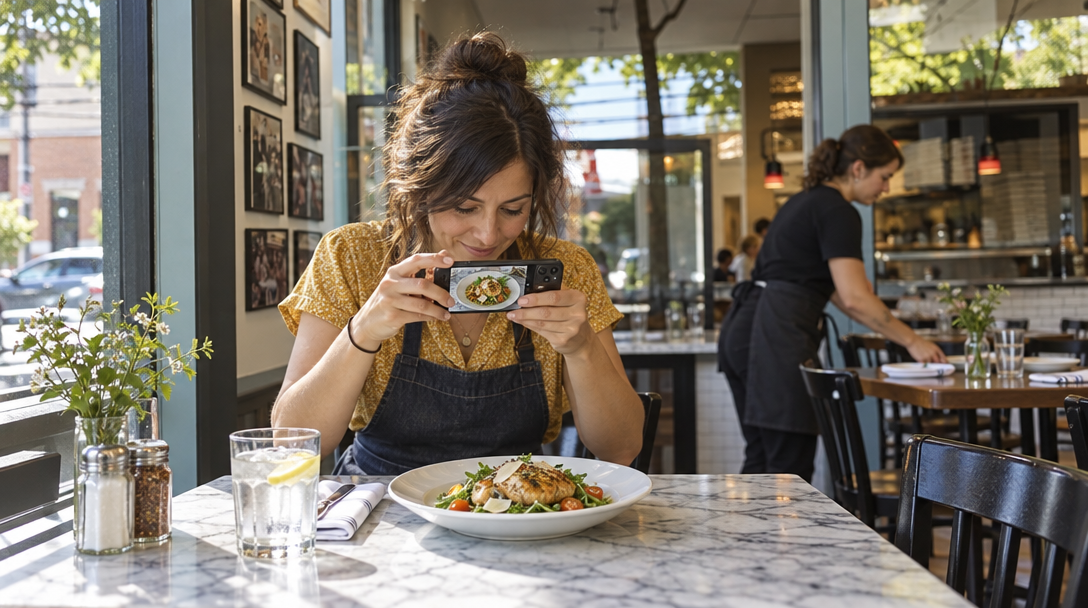 Une restauratrice photographie un plat pendant qu’un serveur prépare une table.