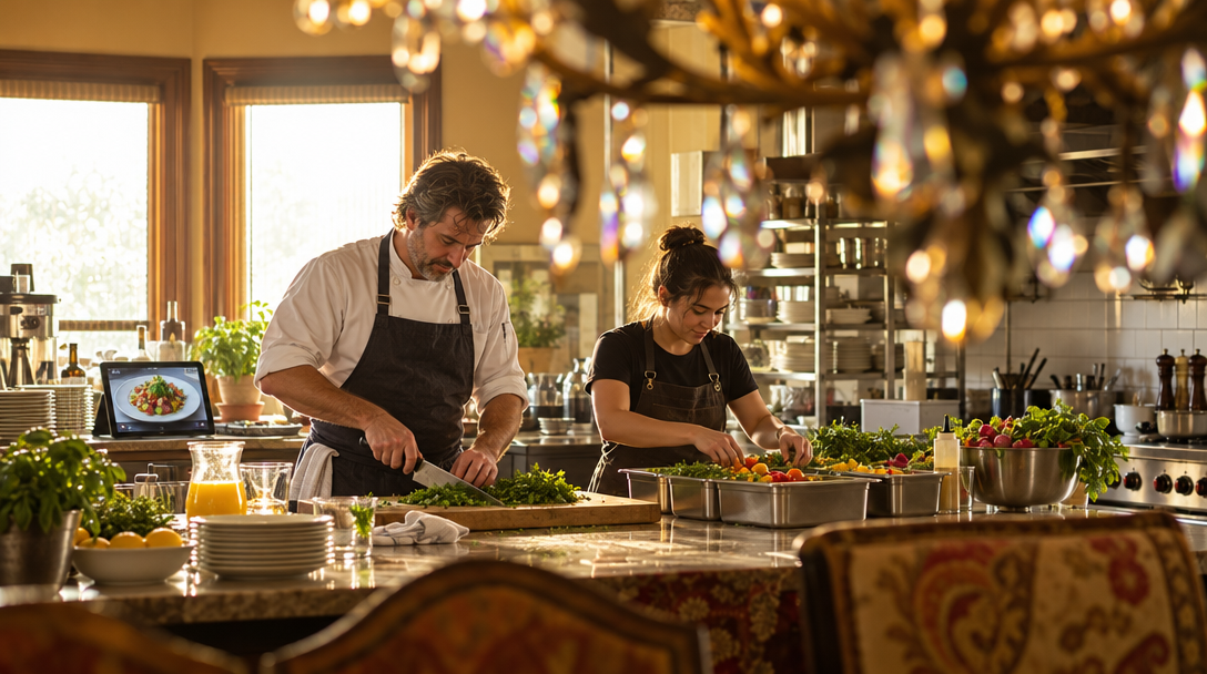 Un chef et une commis préparent les ingrédients en cuisine.