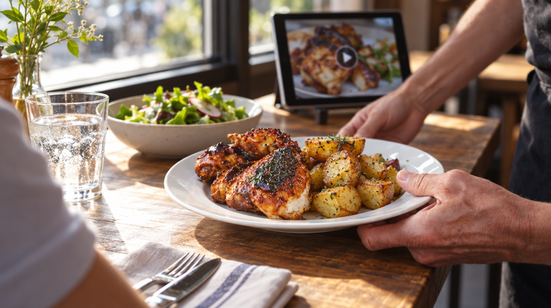 Un serveur pose une assiette de poulet rôti près d’une fenêtre.
