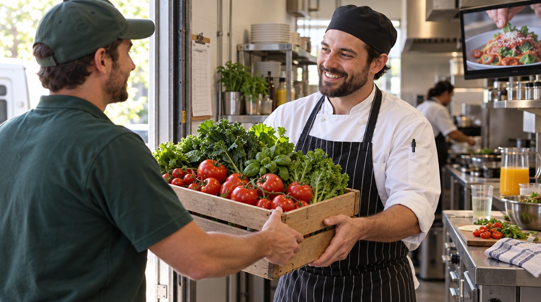 Une cuisinière réceptionne une caisse de légumes frais à la porte de la cuisine.
