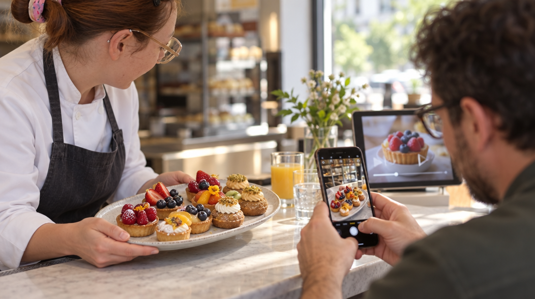 Une pâtissière présente un assortiment de gâteaux qu’un restaurateur photographie.