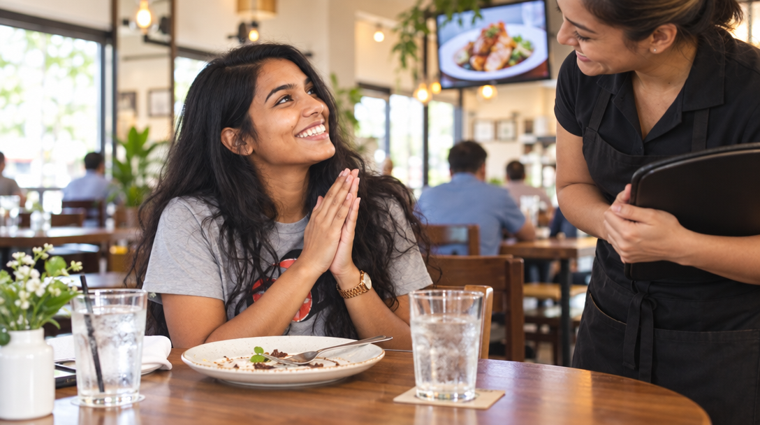 Une cliente souriante remercie un serveur après son repas.