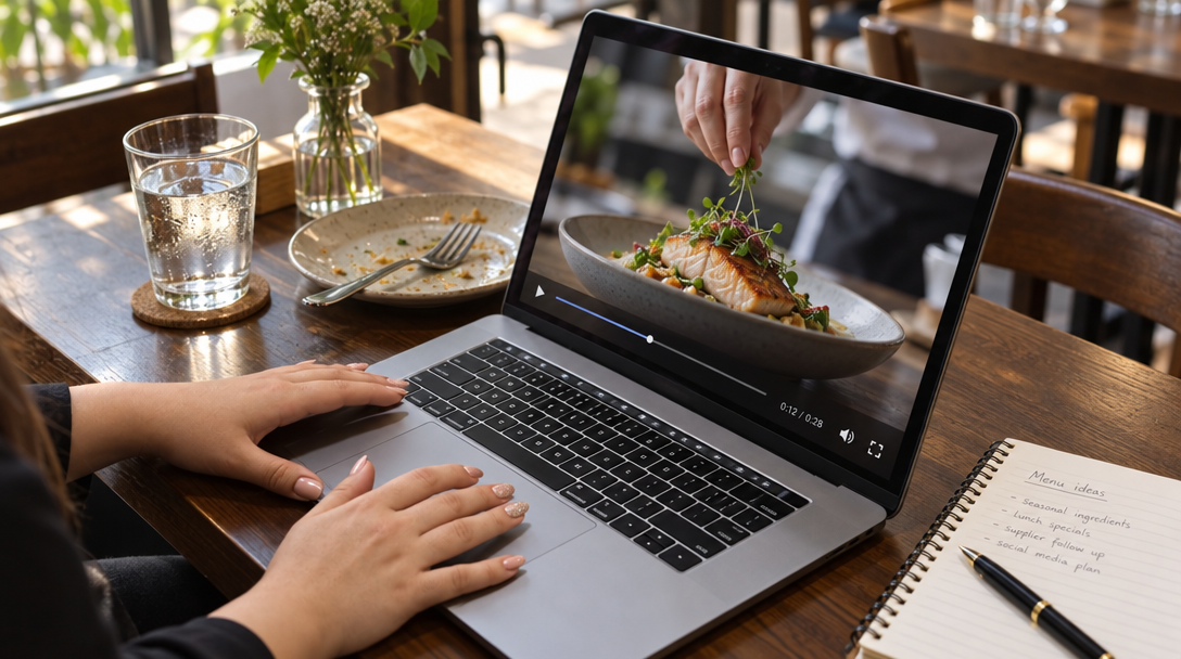 Une restauratrice travaille sur un ordinateur affichant une courte vidéo culinaire.