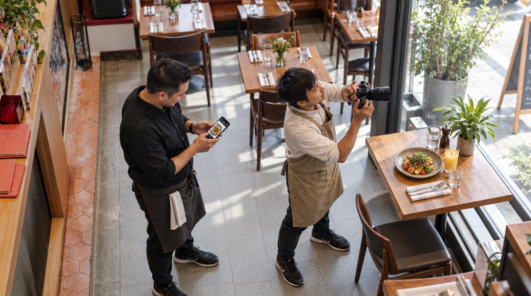 Un responsable consulte une photo de plat pendant qu’une serveuse photographie le déjeuner du jour.