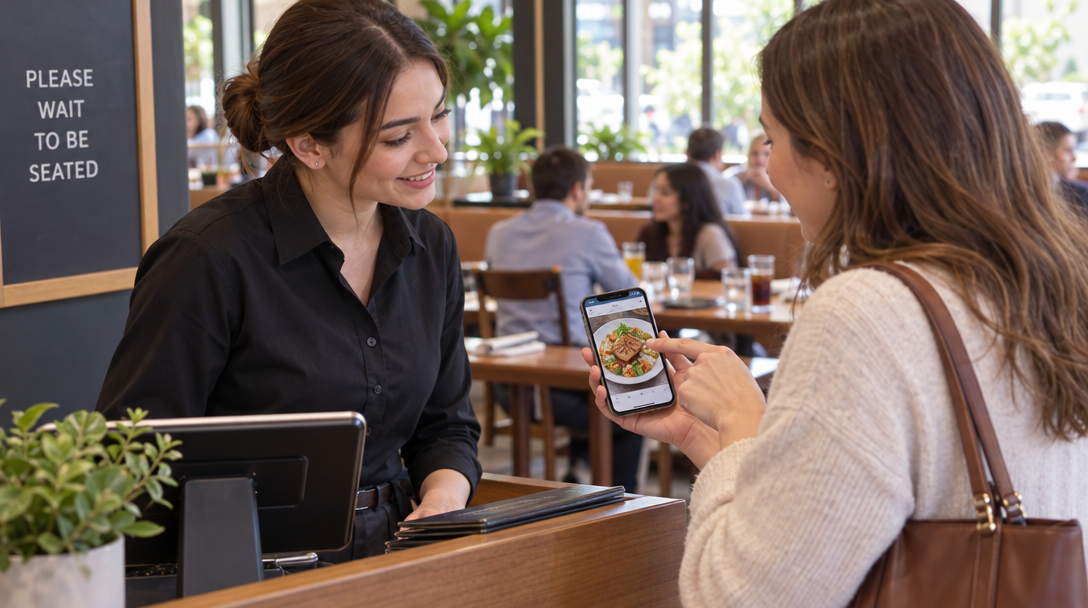 Une cliente montre une photo de plat sur son téléphone à l’accueil du restaurant.