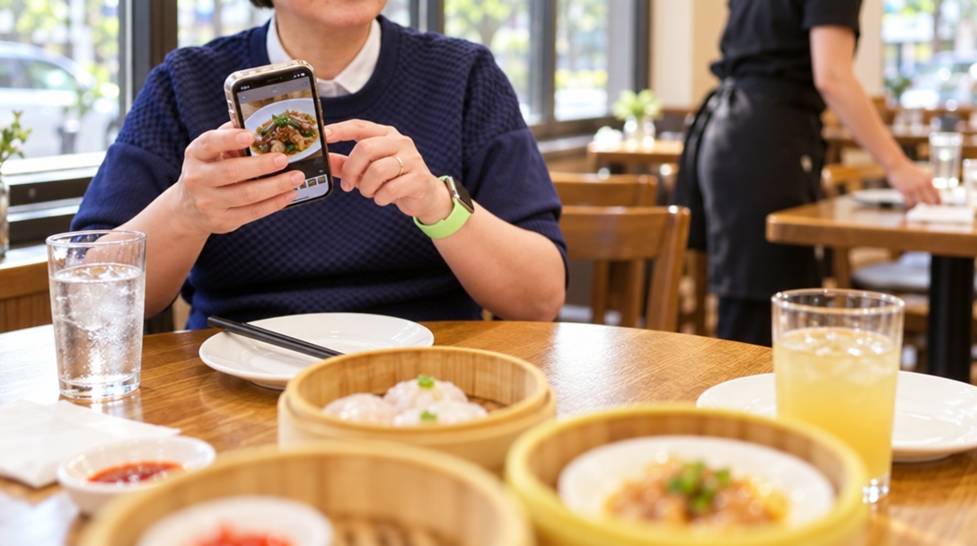 Une restauratrice consulte son téléphone pendant qu’un serveur prépare la salle.