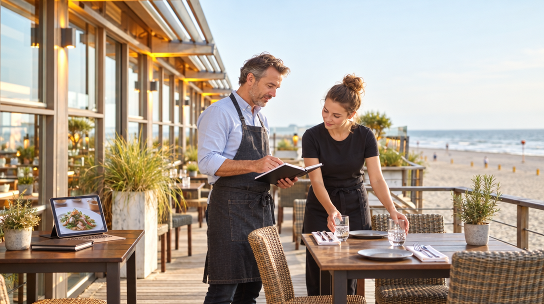 Une restauratrice et un serveur consultent un carnet en préparant la terrasse.