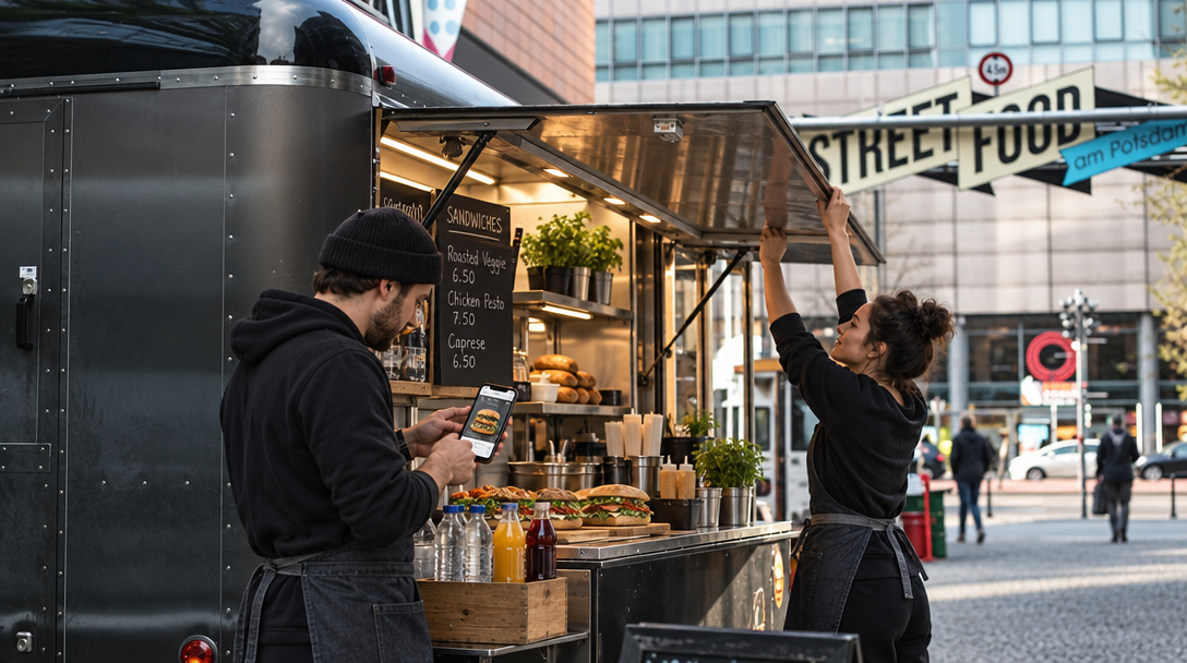 Une personne consulte son téléphone pendant que sa collègue ouvre le food truck.
