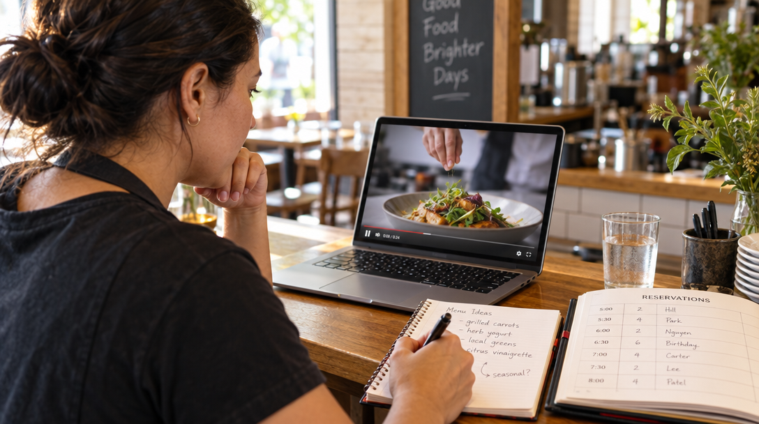 Un restaurateur consulte son ordinateur et compare ses notes au carnet de réservations.