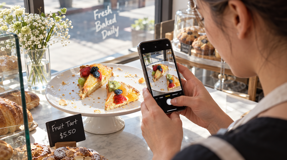 Une boulangère utilise son téléphone devant les dernières parts de tarte.