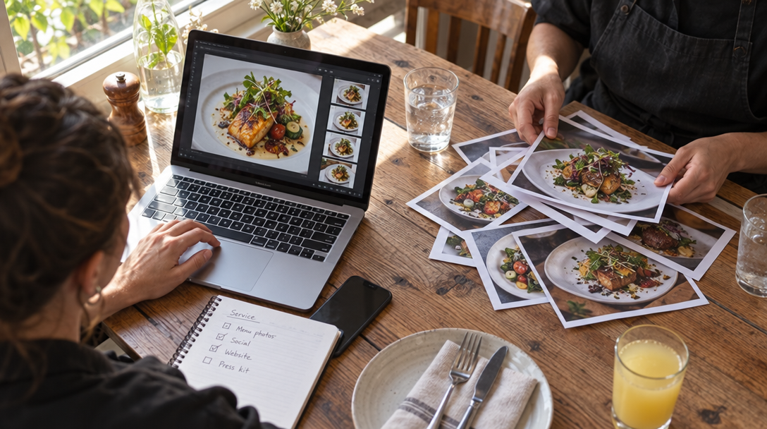 Deux collègues sélectionnent des photos de plats entre les services.
