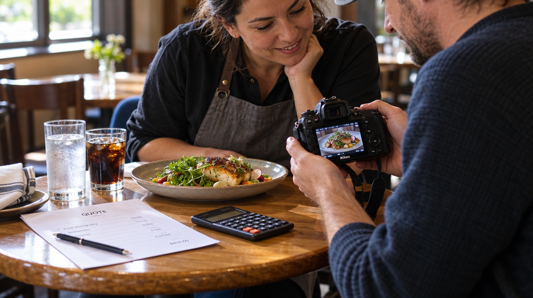 Un restaurateur et une photographe examinent le matériel et le devis d’une séance photo.