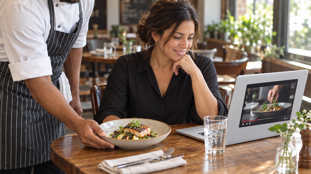 Une restauratrice prépare ses contenus sur ordinateur pendant qu’un chef apporte un plat.