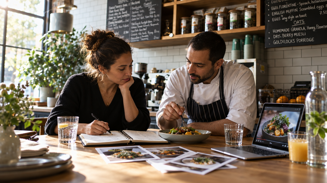 Une restauratrice et un chef préparent une offre autour d’un plat de saison.