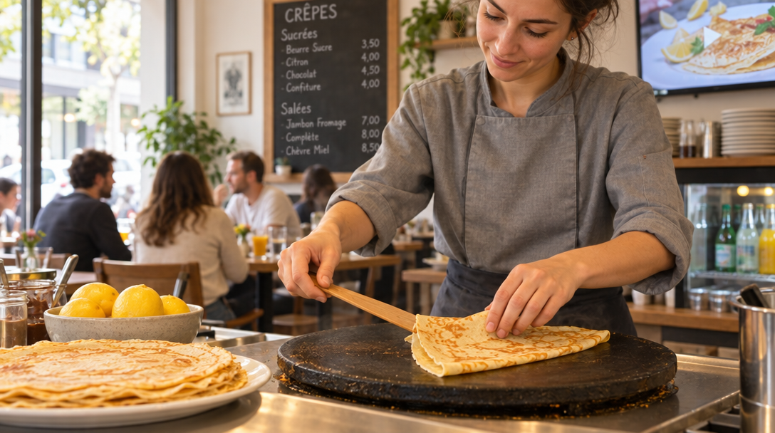 Une cuisinière prépare des crêpes dans une petite crêperie.