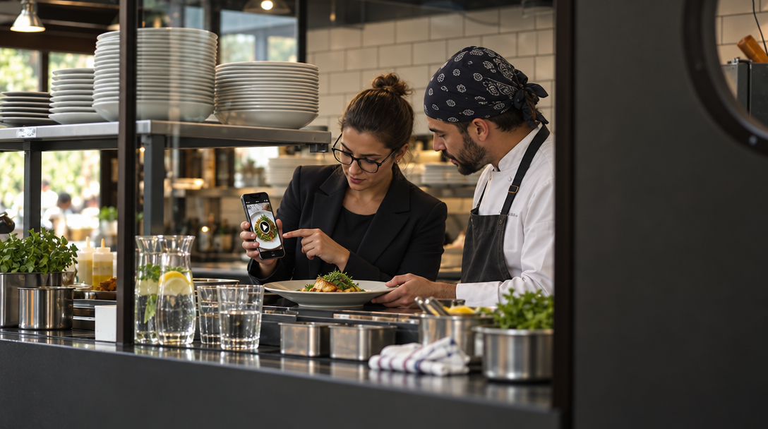 Une responsable vérifie une vidéo sur son téléphone avec le chef.