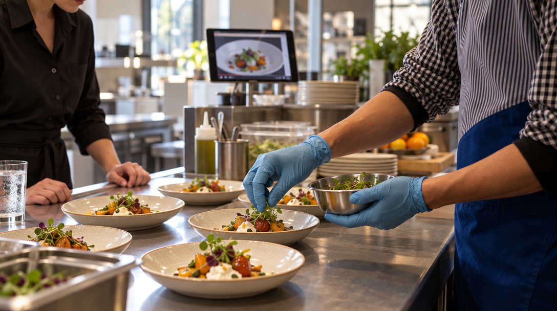 Un cuisinier et une serveuse vérifient les portions avant le service.