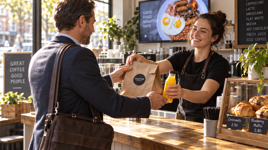Une employée remet un petit-déjeuner à emporter à un client.