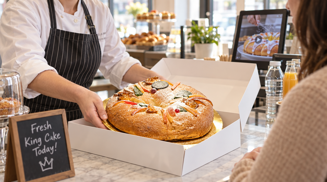 Un boulanger met une galette en boîte pour une cliente.