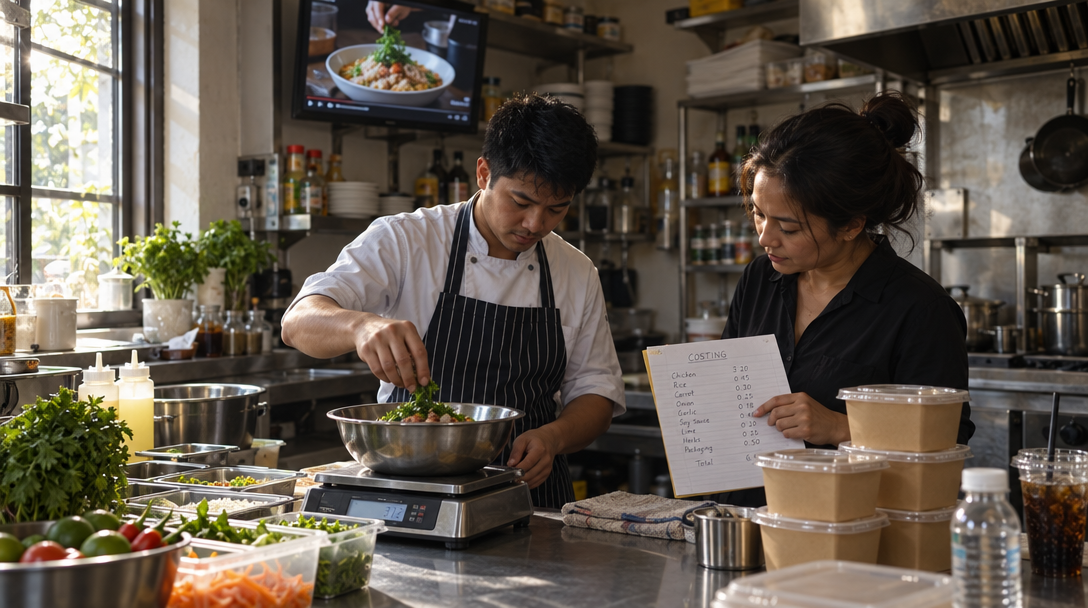 Un chef et une restauratrice vérifient les ingrédients et le coût d’une recette.