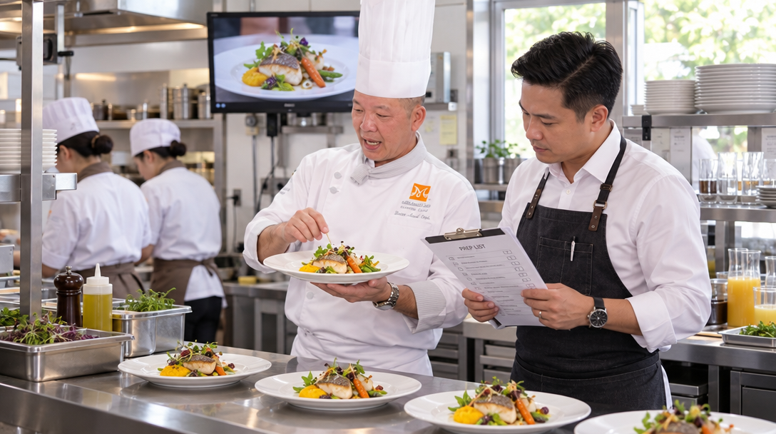 Un chef et une responsable vérifient un plat et les portions prévues.