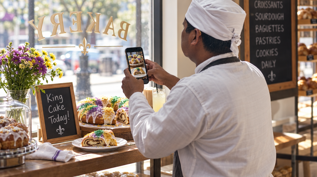 Une employée photographie une galette entière et une part découpée.