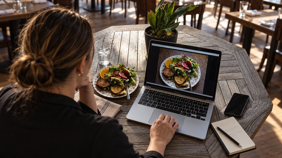 Un responsable prépare une publication avec la photo du plat proposé.