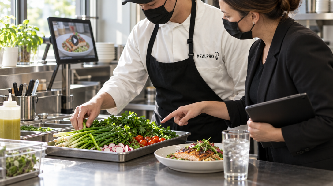 Un chef et une responsable vérifient les ingrédients disponibles pour un plat du midi.