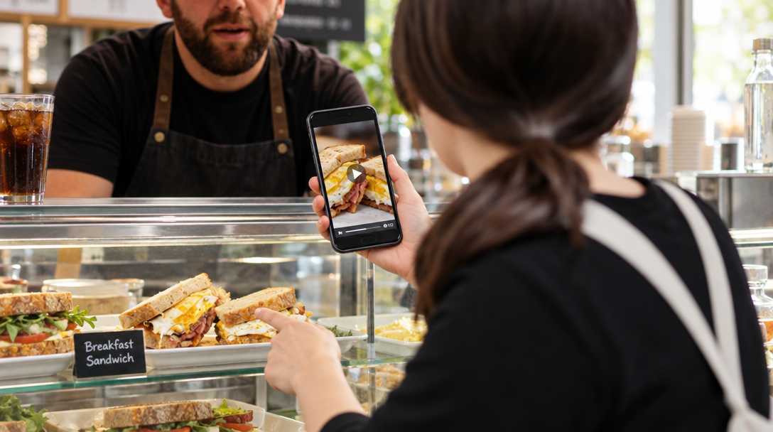 Un client montre une vidéo de sandwich à une serveuse et désigne le même produit en vitrine.