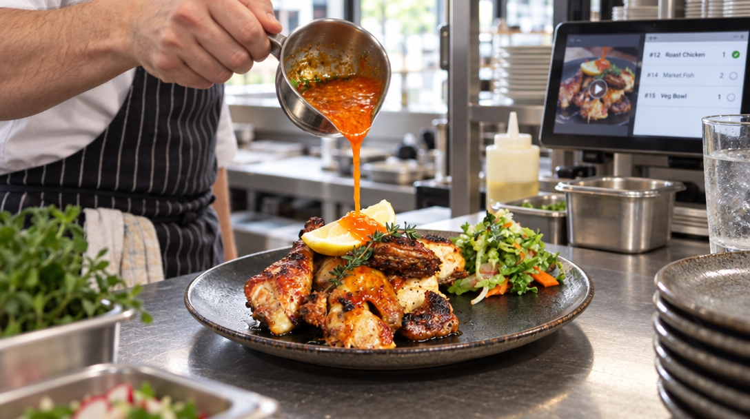 Un cuisinier verse une sauce sur une assiette de poulet rôti aux légumes.