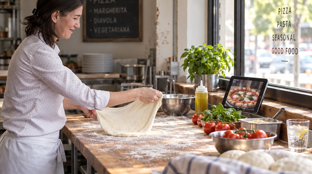 Une boulangère étale une pâte à pizza près de tomates fraîches et de basilic.