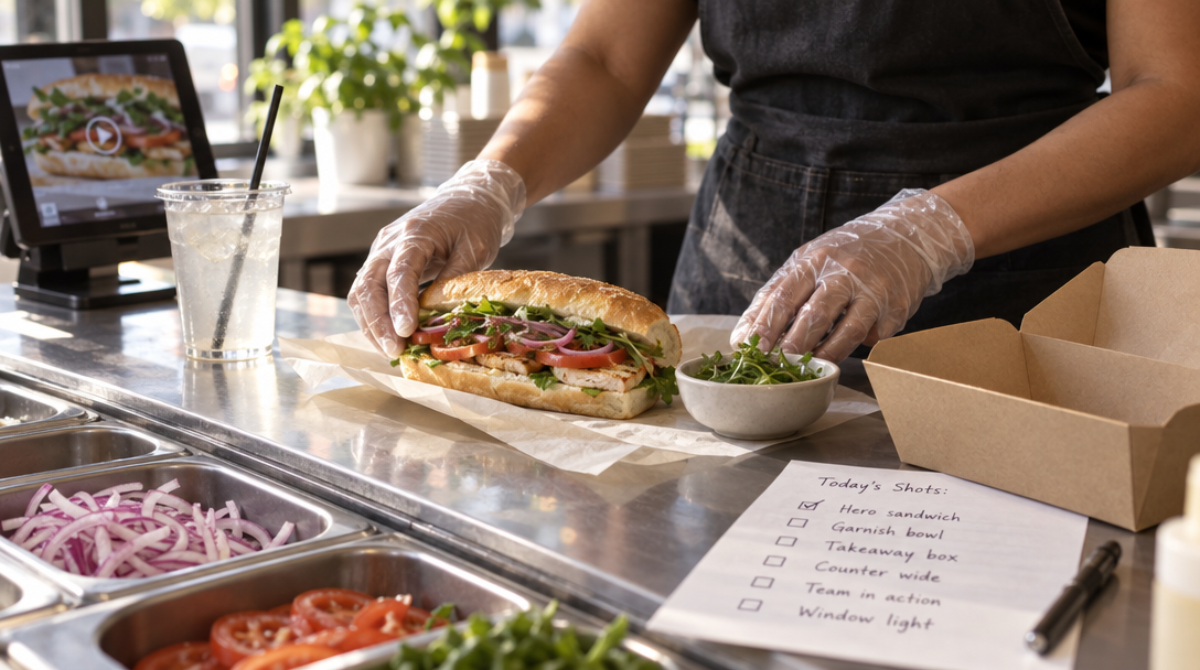 Une employée prépare un sandwich, sa garniture et son emballage avant le tournage.