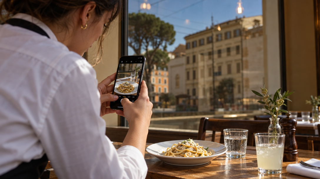 Un serveur filme une assiette de pâtes à deux mains près d’une fenêtre.